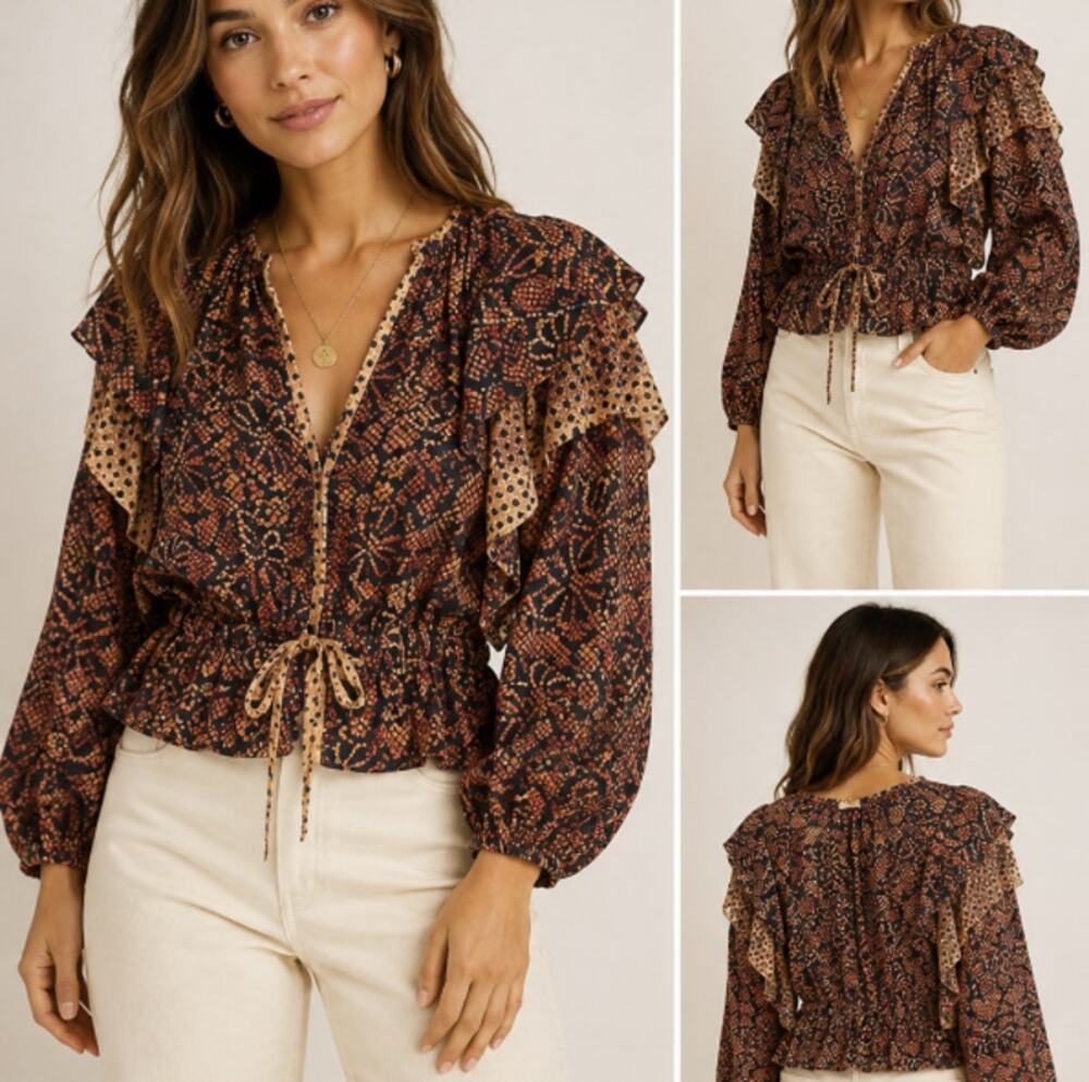 Ulla Johnson Silk Viscose Ruffle Tie Waist Blouse Size 10